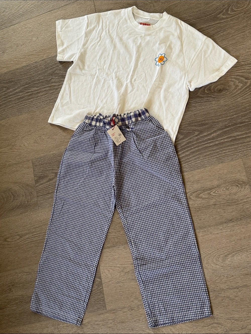 Pigeon Said Please 6/7 year Set - White Tee with Blue Gingham Pants
